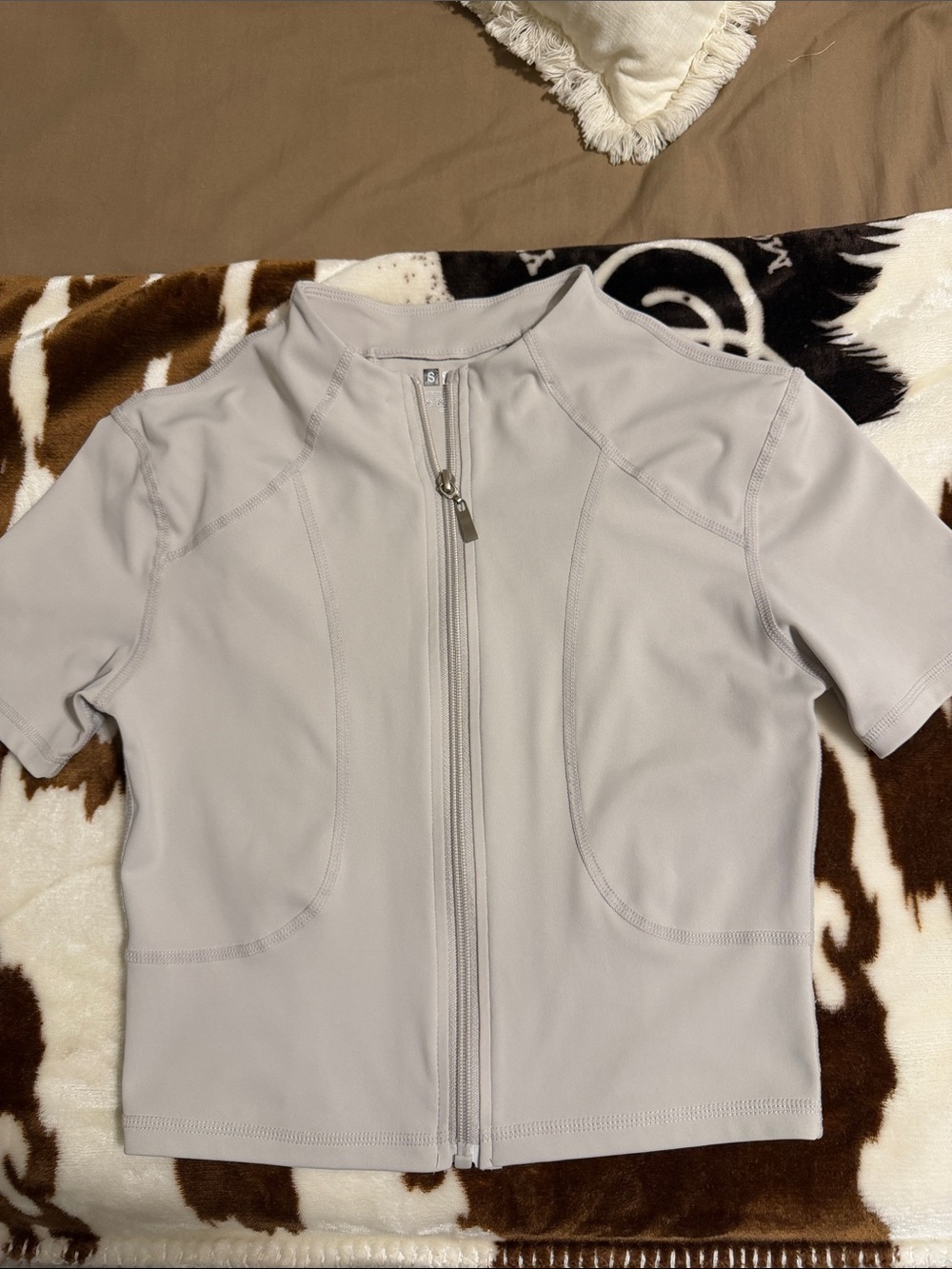 Light Gray Short-Sleeve Zip-Up Top